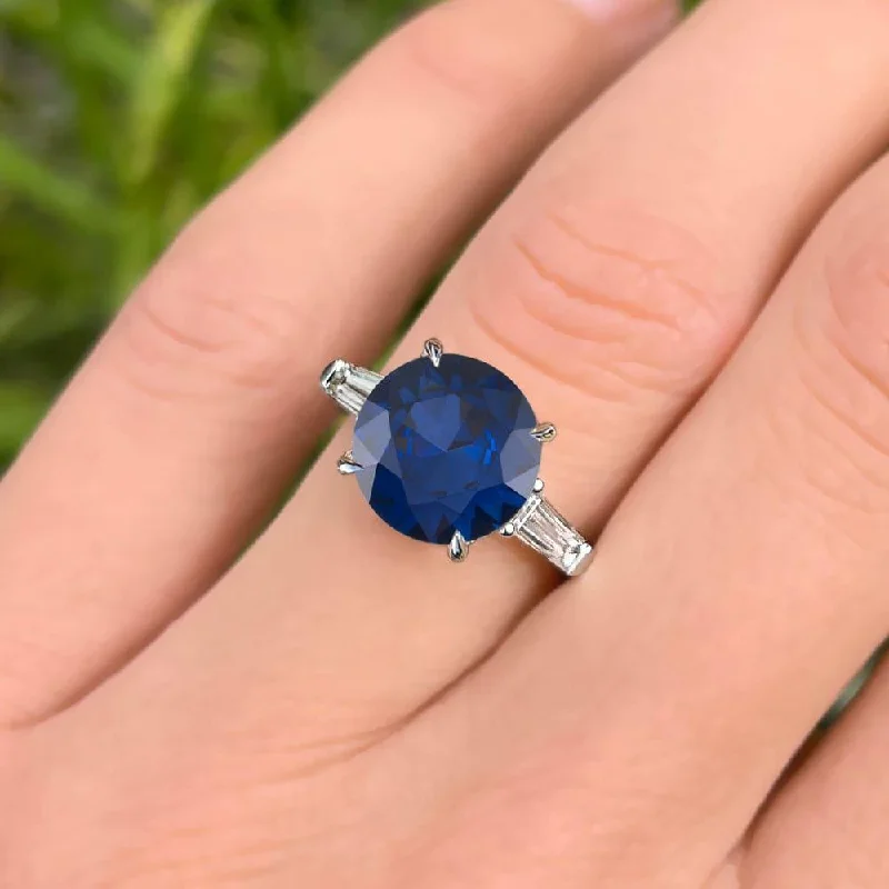 women's rose gold diamond engagement rings-5.60 Carat Round Shape Three Stone Blue Sapphire Engagement Ring