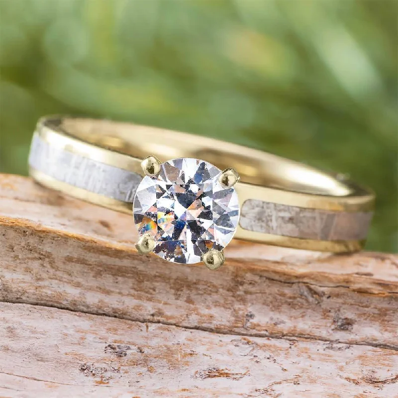 women's halo rings-1.0 CT Diamond Engagement Ring with Meteorite in Yellow Gold