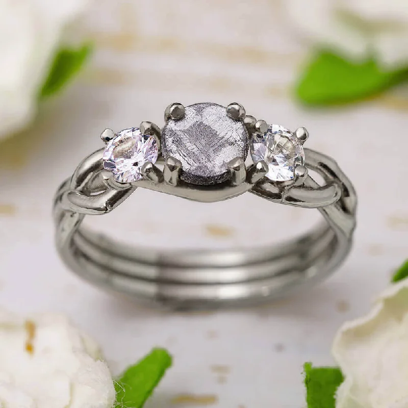 women's mixed metal rings-Meteorite Stone Engagement Ring with Moissanite Accents