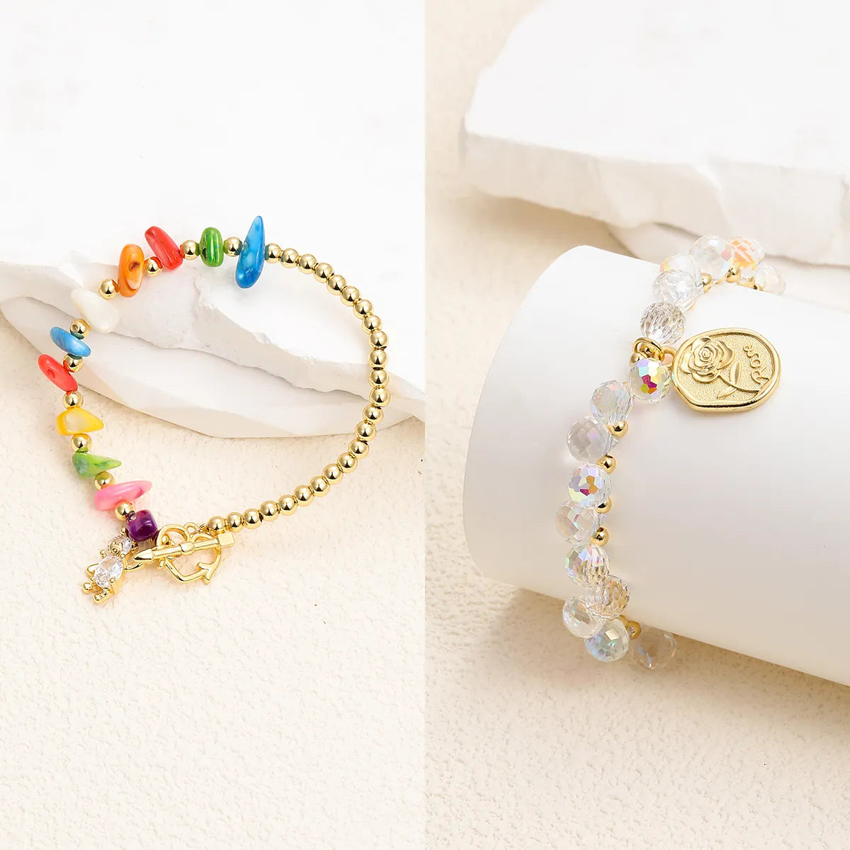 women's custom bangles-Fairy Style Princess Heart Shape Rose Stainless Steel Glass Steel Beaded Plating Inlay Zircon 18k Gold Plated Bracelets