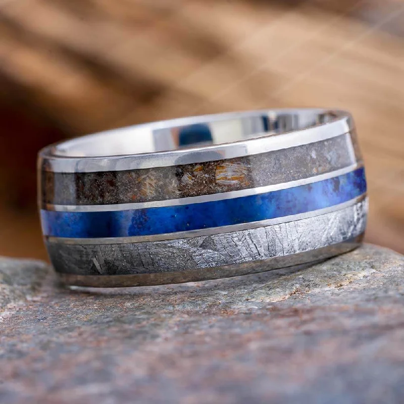 women's promise rings-Meteorite Ring With Dinosaur Bone And Lapis Lazuli In Titanium