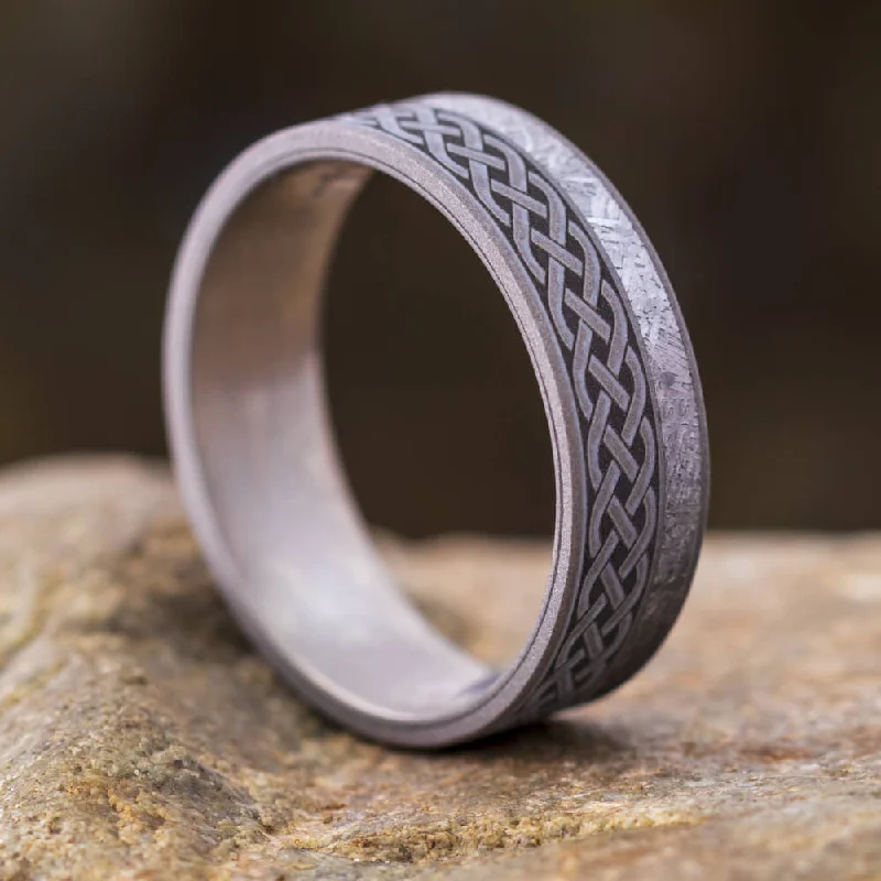 women's yellow gold rings-Sandblasted Celtic Ring with Meteorite