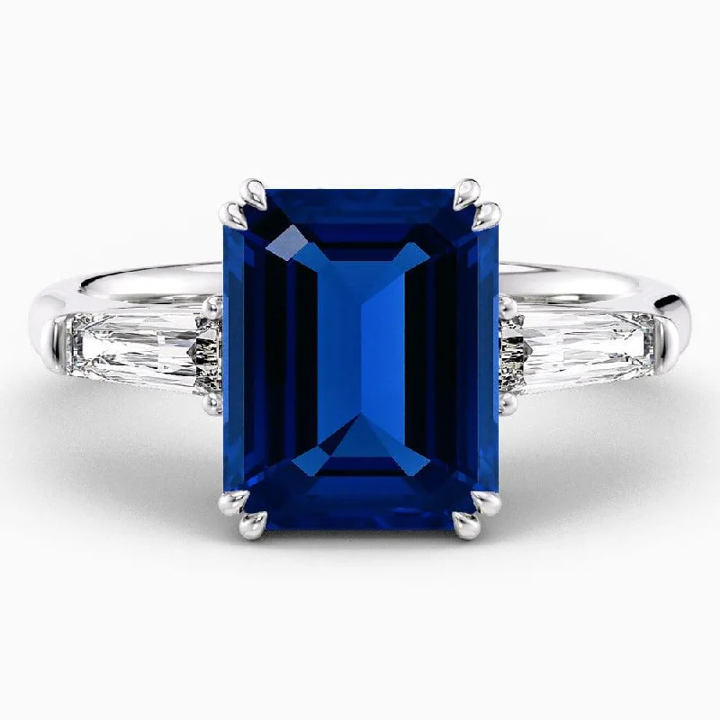 women's elegant engagement rings-4.60 Carat Emerald Shape Three Stone Blue Sapphire Engagement Ring