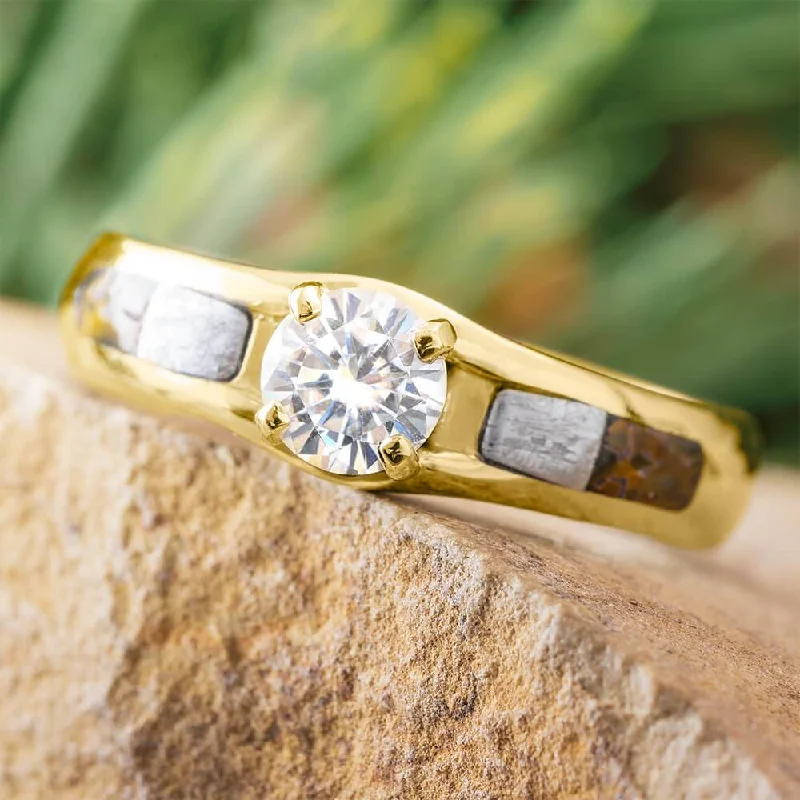 women's stack rings-Gold Engagement Ring with Dinosaur Bone and Meteorite