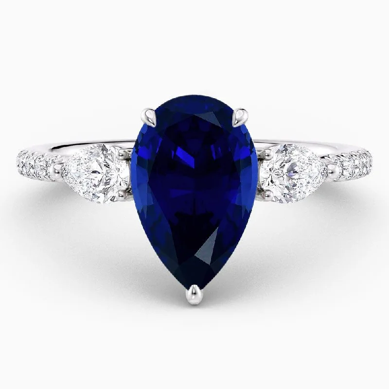 women's unique engagement rings with colored diamonds-3.50 Carat Pear Shape Three Stone Blue Sapphire Engagement Ring