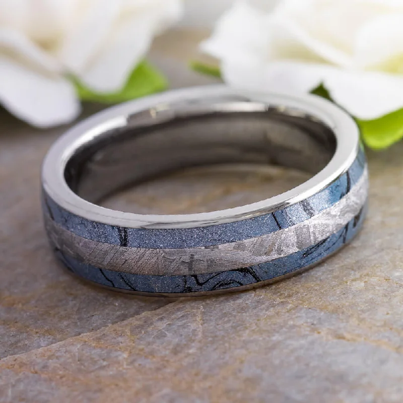 women's rose gold engagement rings-Blue Wedding Band with Gibeon Meteorite and Mokume