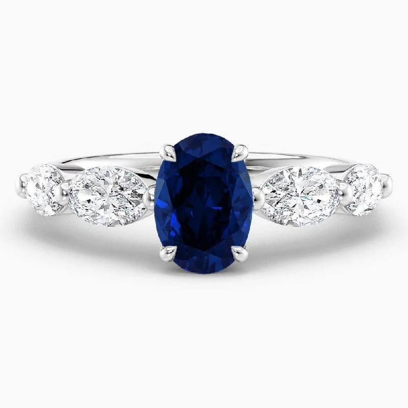 women's three-stone diamond engagement rings-2.50 Carat Oval Shape Shared Prong Blue Sapphire Engagement Ring