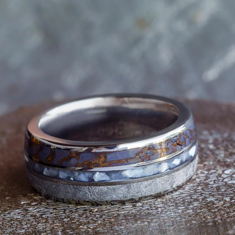 women's gemstone rings-Mother of Pearl Wedding Band, Men's Meteorite Ring with Dinosaur Bone