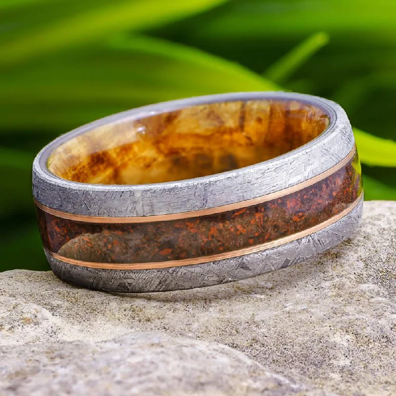 women's yellow gold rings-Meteorite & Dino Bone Ring With Wood Sleeve