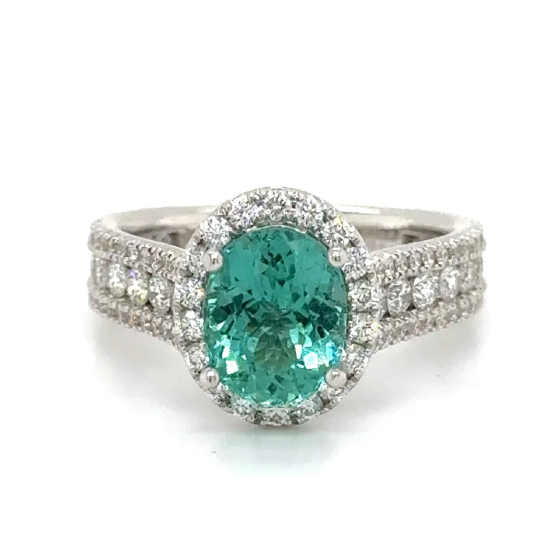 women's double halo engagement rings-18K White Gold 2.04ct Oval Paraiba Type Tourmaline & 1.30cttw Diamond Ring