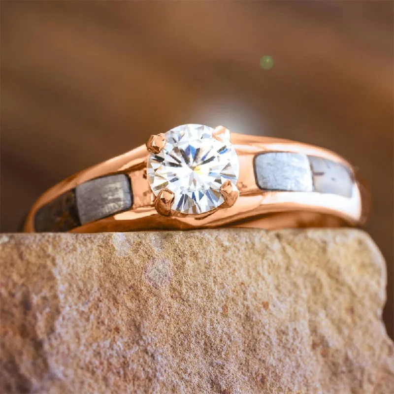 women's two-tone rings-Fossil Engagement Ring with Meteorite in Rose Gold