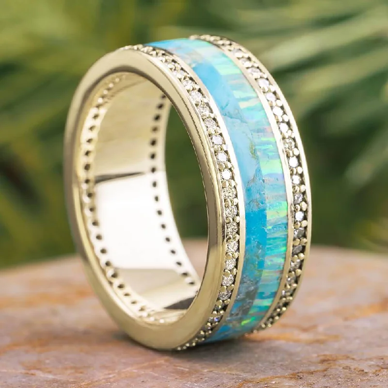 women's customized diamond rings-Opal and Turquoise Double Eternity Band in White Gold