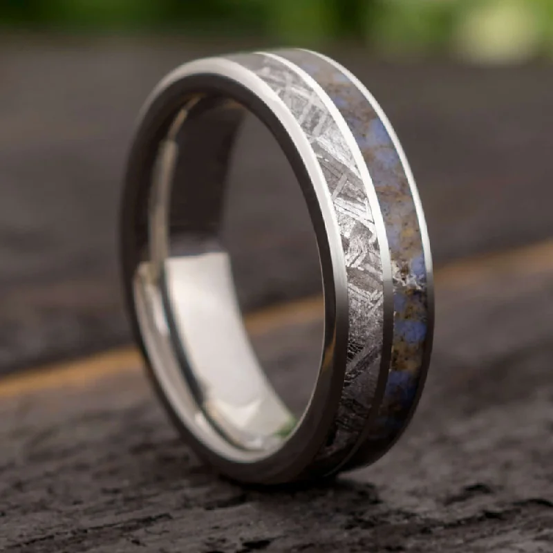 women's sapphire rings-Meteorite & Dinosaur Bone Ring With Center Pinstripe