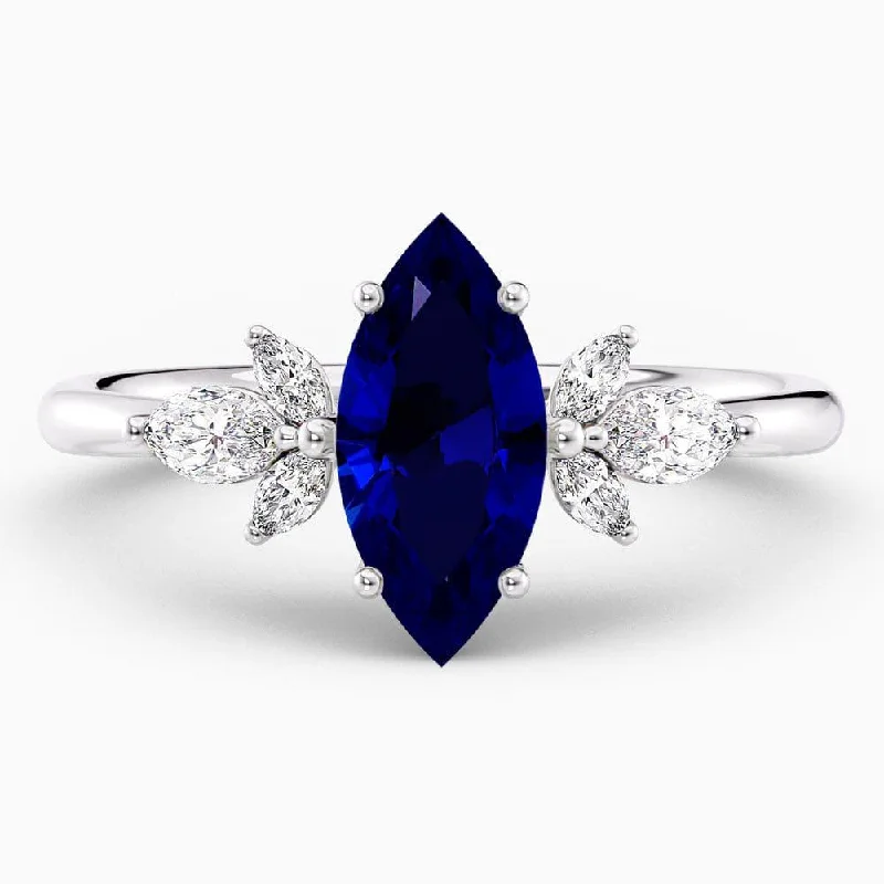 women's gold engagement rings-1.60 Carat Marquise Shape Cluster Blue Sapphire Engagement Ring