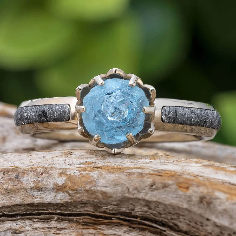 women's stack rings-Rough Aquamarine Engagement Ring With Meteorite in White Gold