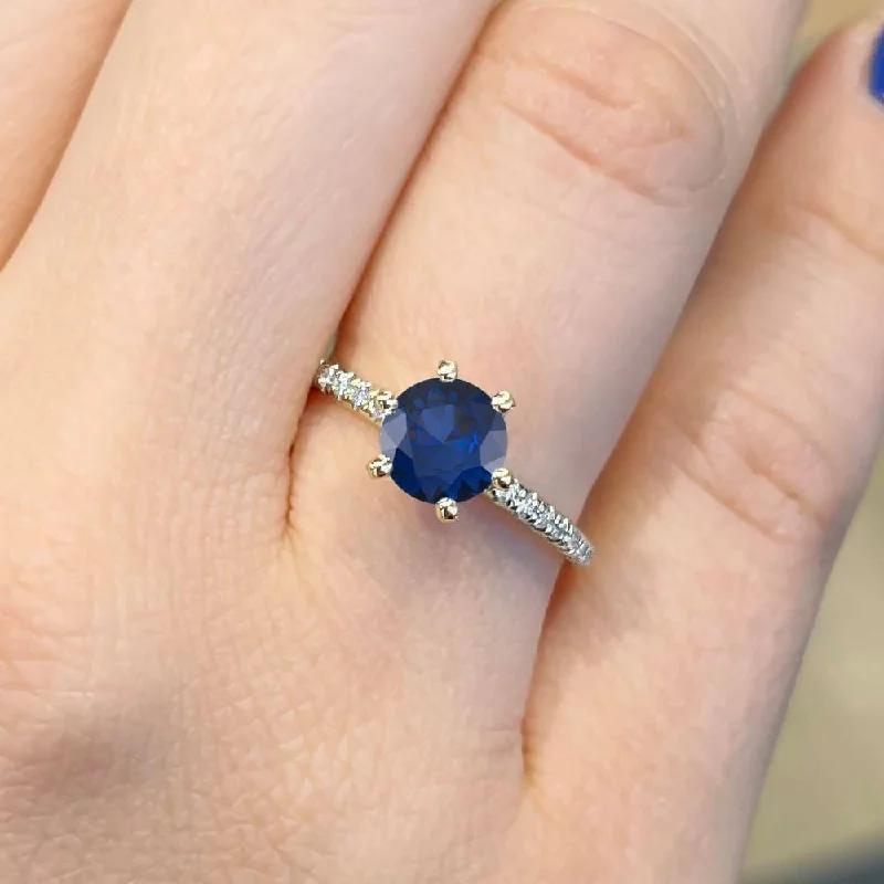 women's engagement rings with diamonds and sapphires-1.60 Carat Round Shape Pave Setting Blue Sapphire Engagement Ring