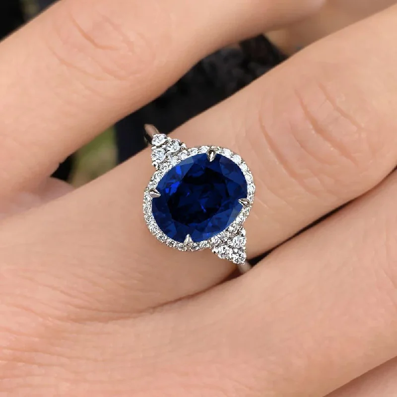 women's engagement rings with sapphire accents-5.50 Carat Oval Shape Halo Blue Sapphire Engagement Ring