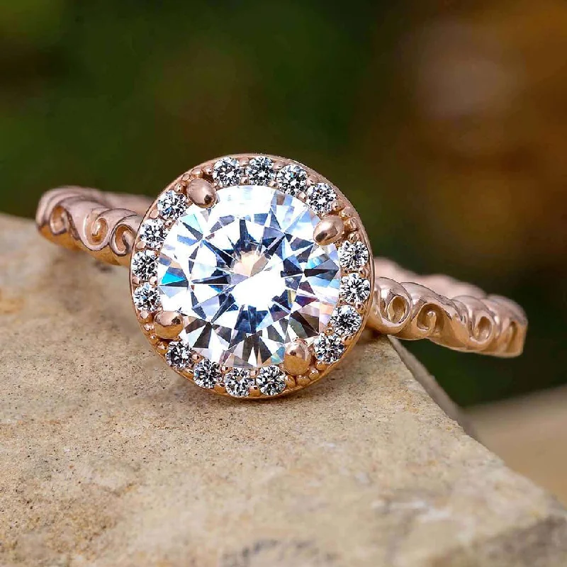 women's opal rings-Halo Engagement Ring with Diamonds and Scroll Band