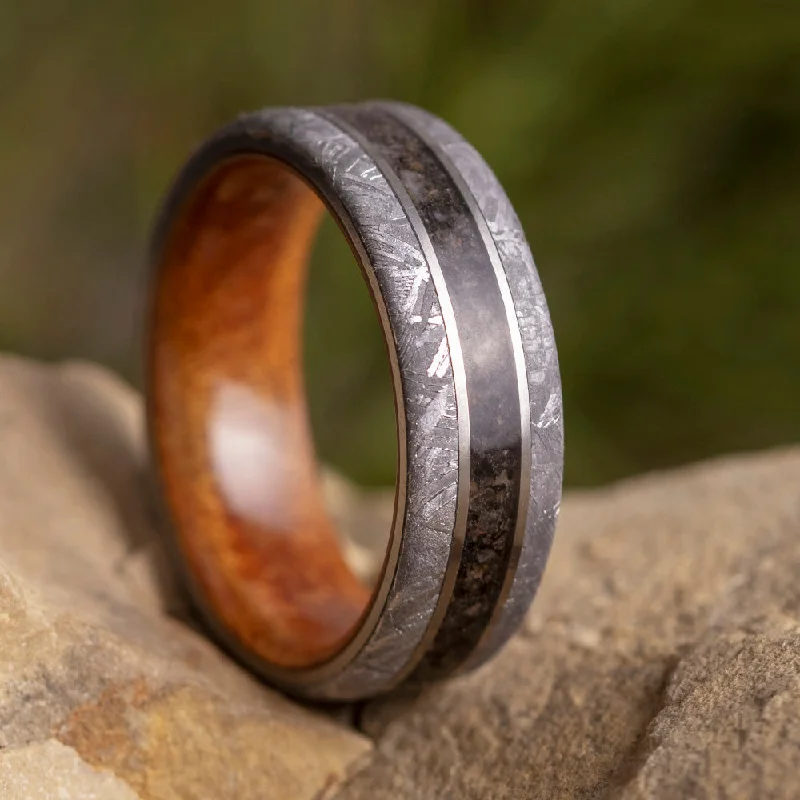 women's anniversary band rings-Dinosaur Bone Men's Ring With Meteorite, Wood Sleeve