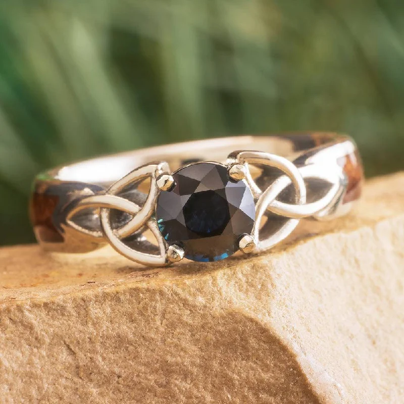 women's geometric rings-Wooden Celtic Engagement Ring with Trinity Knots and Dark Blue Sapphire