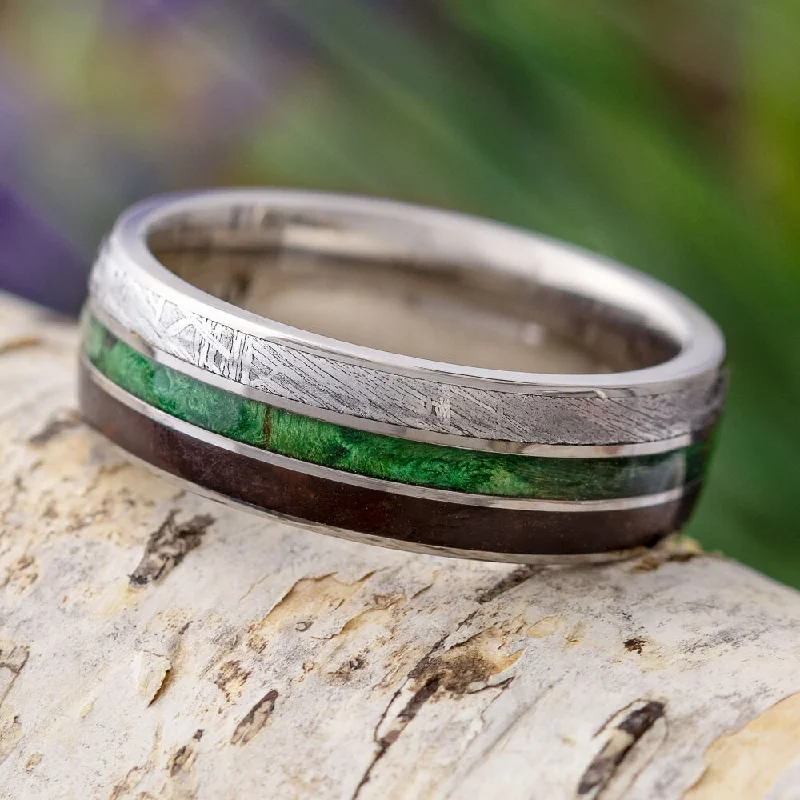 women's floral rings-Meteorite, Green Wood & Dinosaur Bone Wedding Band