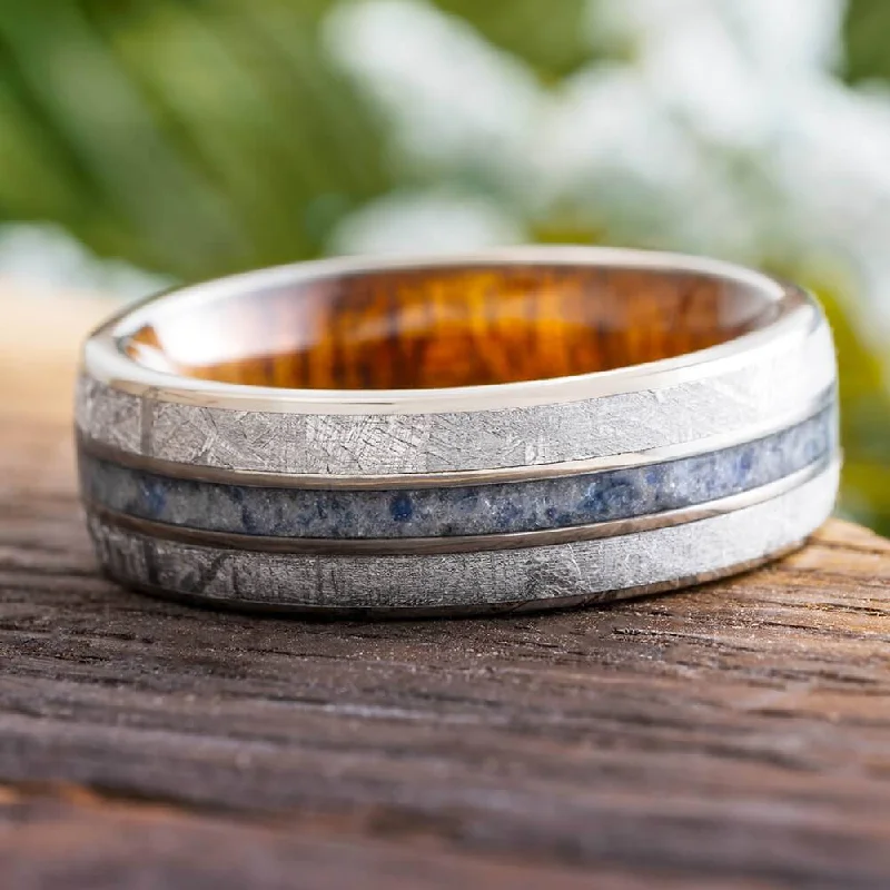 women's geometric design rings-Meteorite and Sapphire Wedding Band for Men with Koa Wood