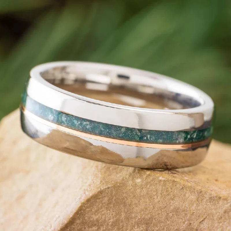 women's designer wedding bands-Men's Titanium and Emerald Ring with Rose Gold Pinstripe