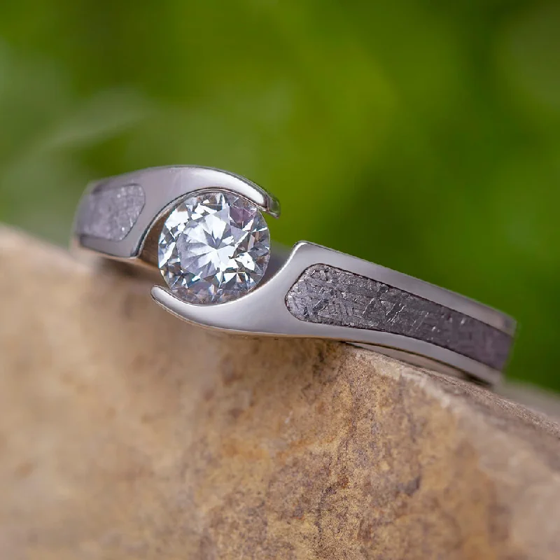 women's platinum engagement rings-Tension Set Diamond Engagement Ring with Meteorite