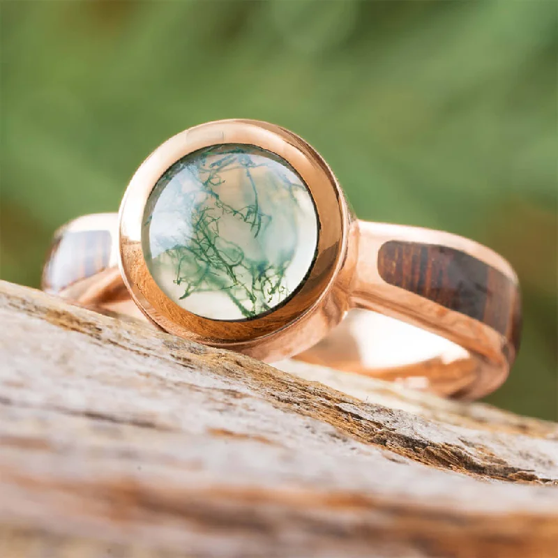 women's ruby rings-Moss Agate Ring in Rose Gold with Ironwood