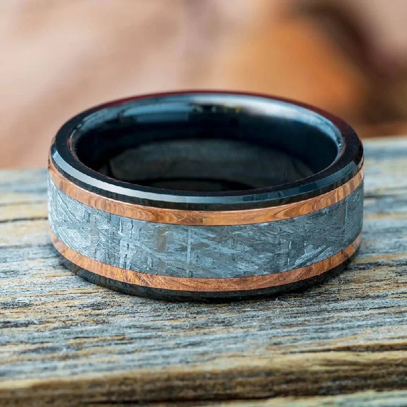 women's round-cut rings-Black Meteorite Ring With Copper Pinstripes