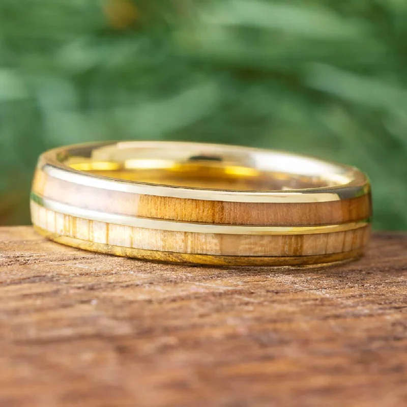 women's stackable rings-Double Inlay Wood Wedding Band in 14k Yellow Gold