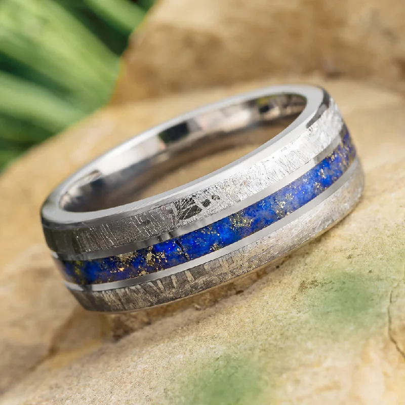 women's luxury rings-Meteorite & Lapis Lazuli Men's Wedding Band, Blue Ring for Groom