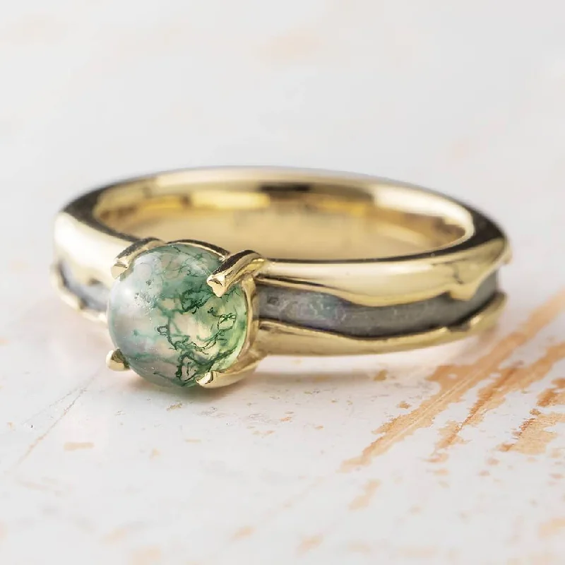 women's diamond rings-Meteorite and Moss Agate Engagement Ring in White Gold