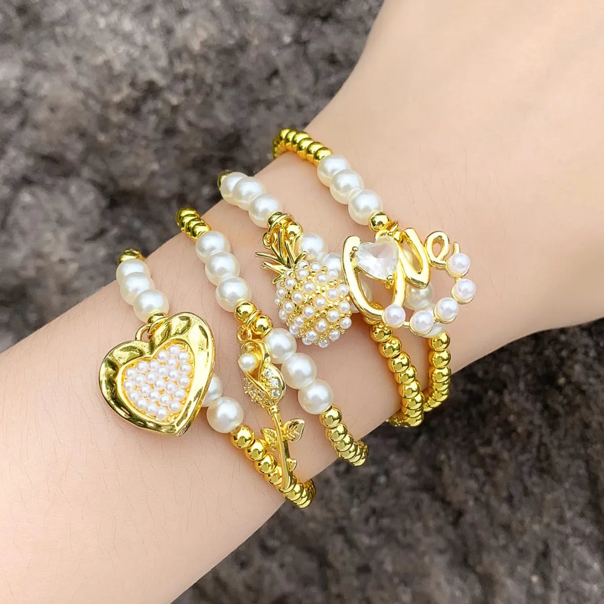 women's cuff bracelets-Baroque Style Heart Shape Bow Knot Key Copper Gold Plated Artificial Pearls Zircon Bracelets 1 Piece