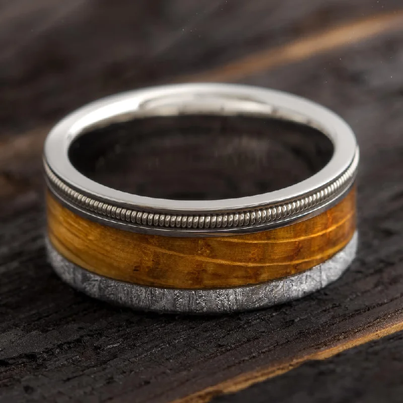 women's fashion rings-Bass Guitar String Ring With Meteorite And Whiskey Barrel Oak