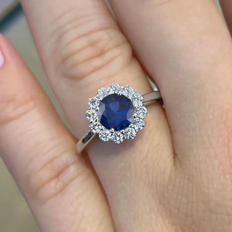 women's stackable engagement rings-1.80 Carat Round Shape Halo Blue Sapphire Engagement Ring