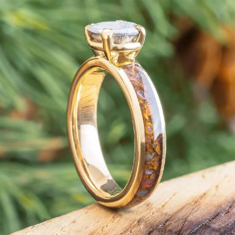 women's geometric rings-Gold Engagement Ring with Meteorite Stone and Dino Bone