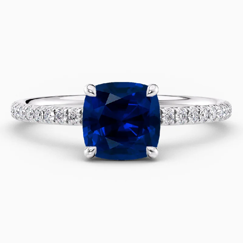 women's halo-style engagement rings-4.50 Carat Cushion Cut Hidden Halo Blue Sapphire Engagement Ring and Matching Band