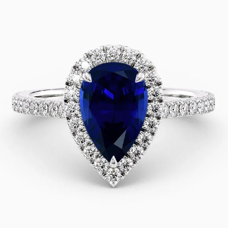 women's minimal engagement rings-2.50 Carat Pear Shape Halo Blue Sapphire Engagement Ring