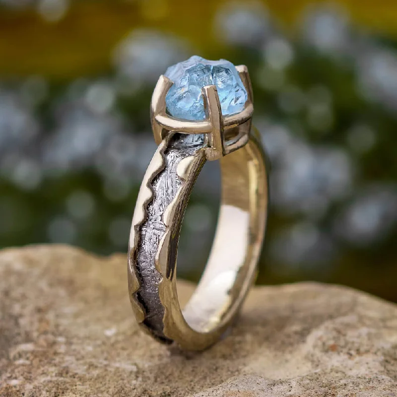 women's engagement rings-Rough Aquamarine Engagement Ring with Meteorite