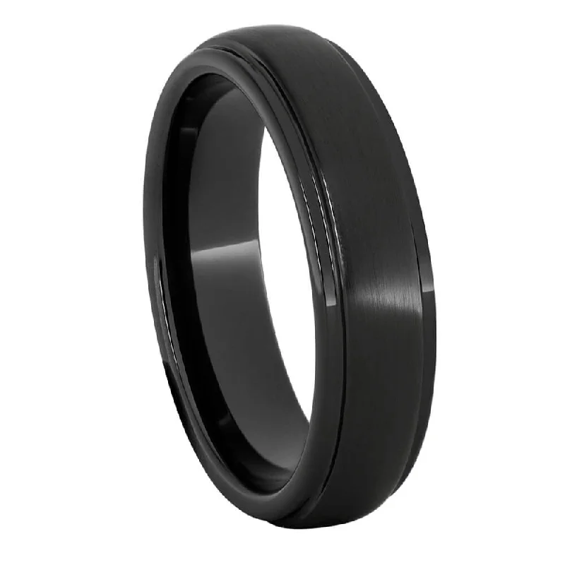 women's anniversary band rings-6mm Black Ceramic Ring with Grooved Edges