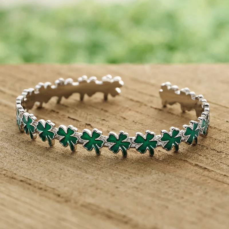 women's silver bracelets-Little Four-Leaf Clover Cuff Bracelet