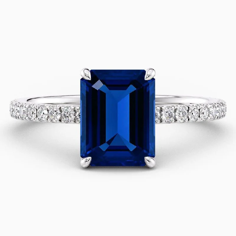 women's engagement rings with round diamonds-4.50 Carat Emerald Shape Hidden Halo Blue Sapphire Engagement Ring