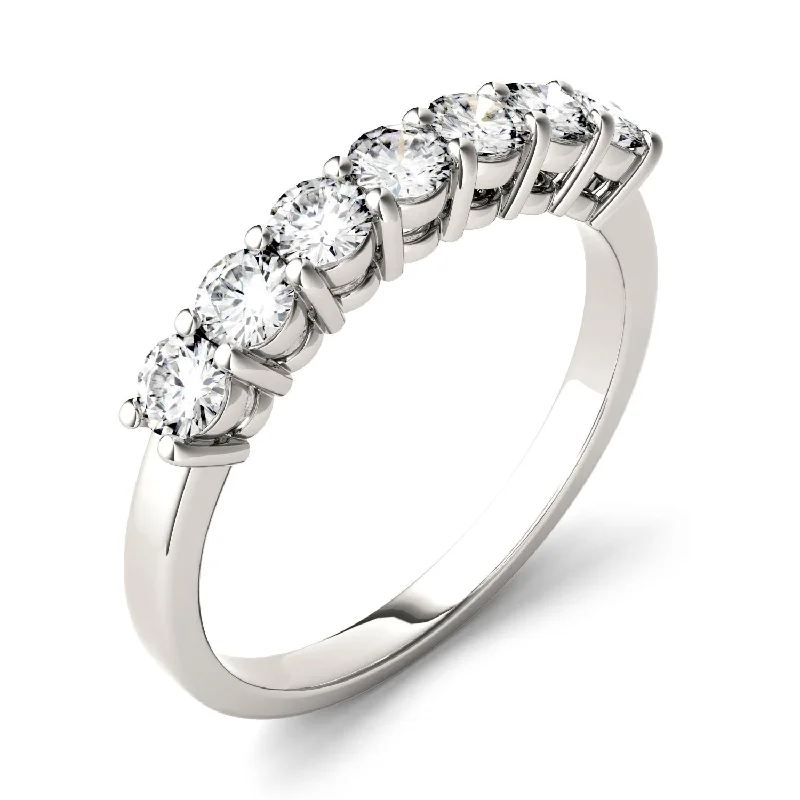 women's gemstone wedding rings-Charles & Colvard Moissanite Seven Stone Band in White Gold