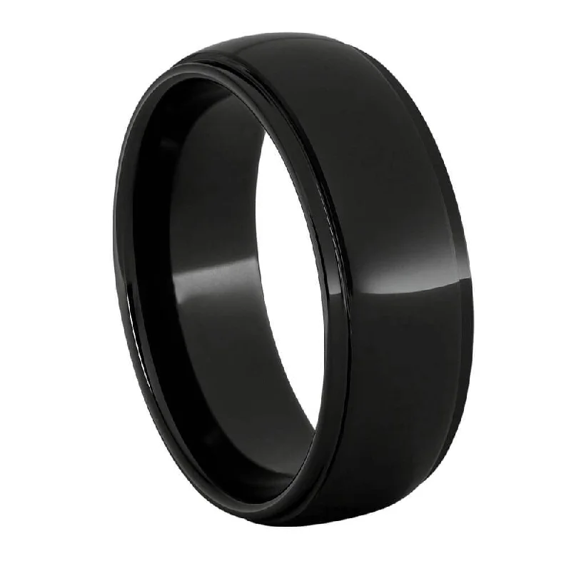 women's colorful rings-Domed Black Ceramic Ring with Grooved Edges