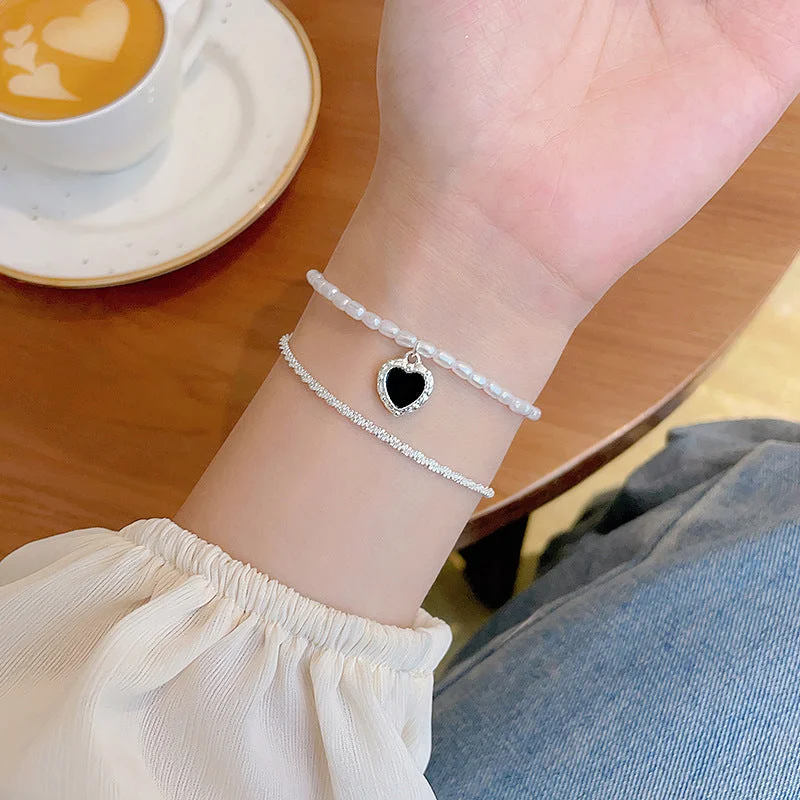 S398 Silver-Double Layers Loving Heart Bracelet