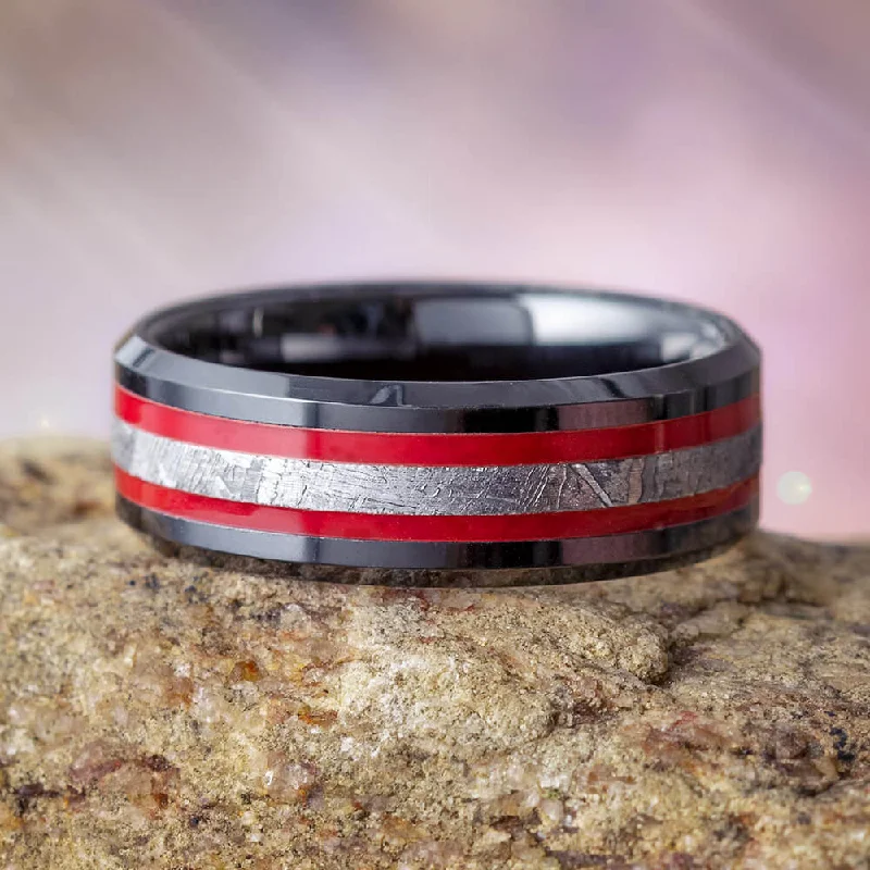 women's twist rings-Black Ring with Red Stripes & Meteorite