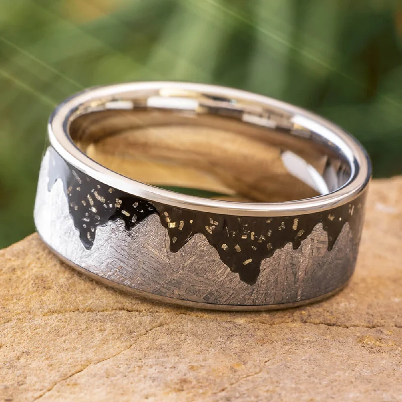 women's wedding rings-Meteorite Moonscape Ring With Black Stardust