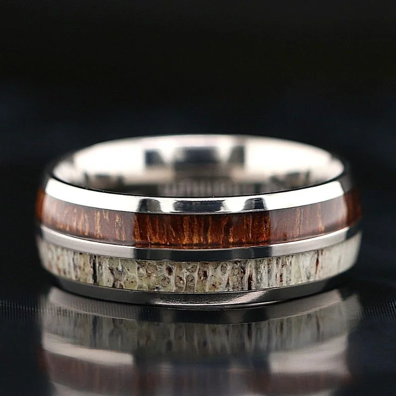 women's engagement rings with diamonds and emeralds-Titanium Deer Antler Ring with Koa Wood Inlay - Unisex Wedding Band