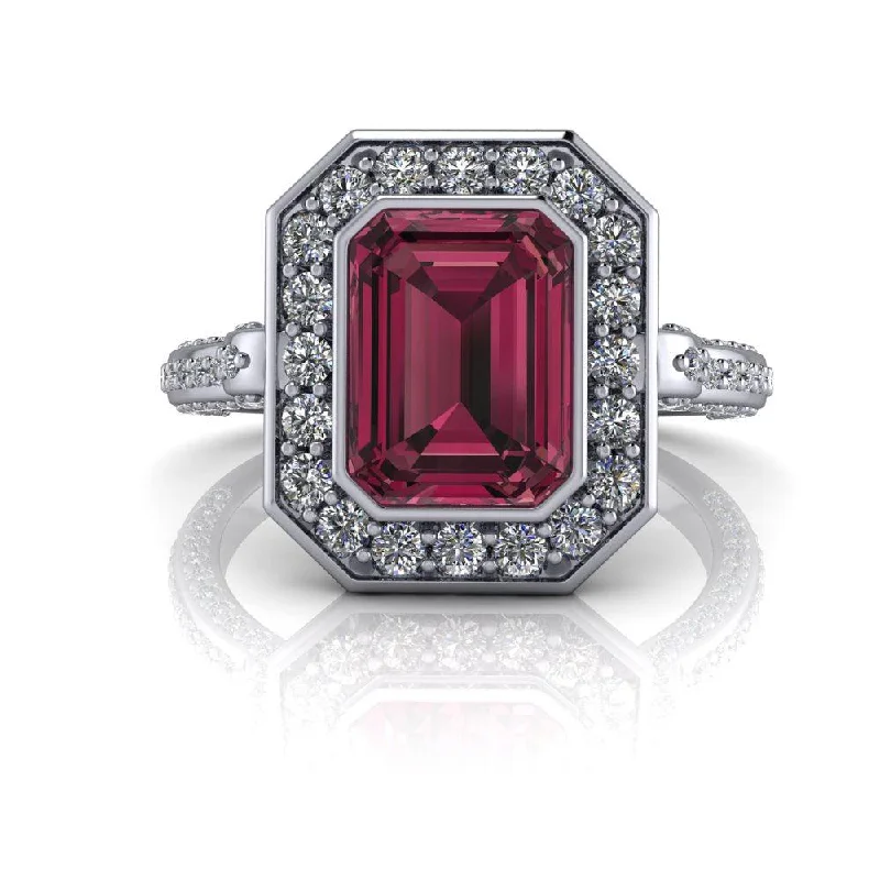 women's pear-shaped engagement rings-2.65 CTW Emerald Cut Raspberry Rhodolite Garnet & Diamond Engagement Ring